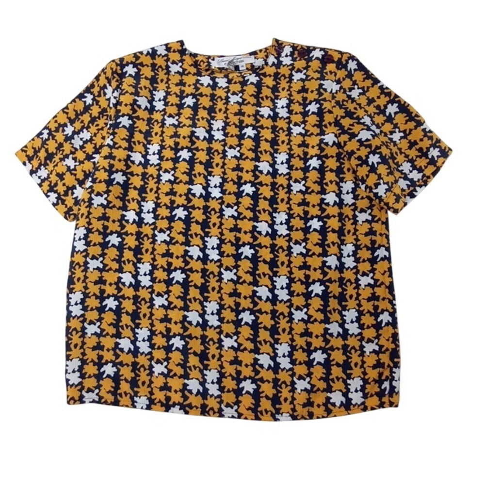 Laura and Jayne Womens Top Size 10 Mustard Navy‎ White Floral Short Sleeve